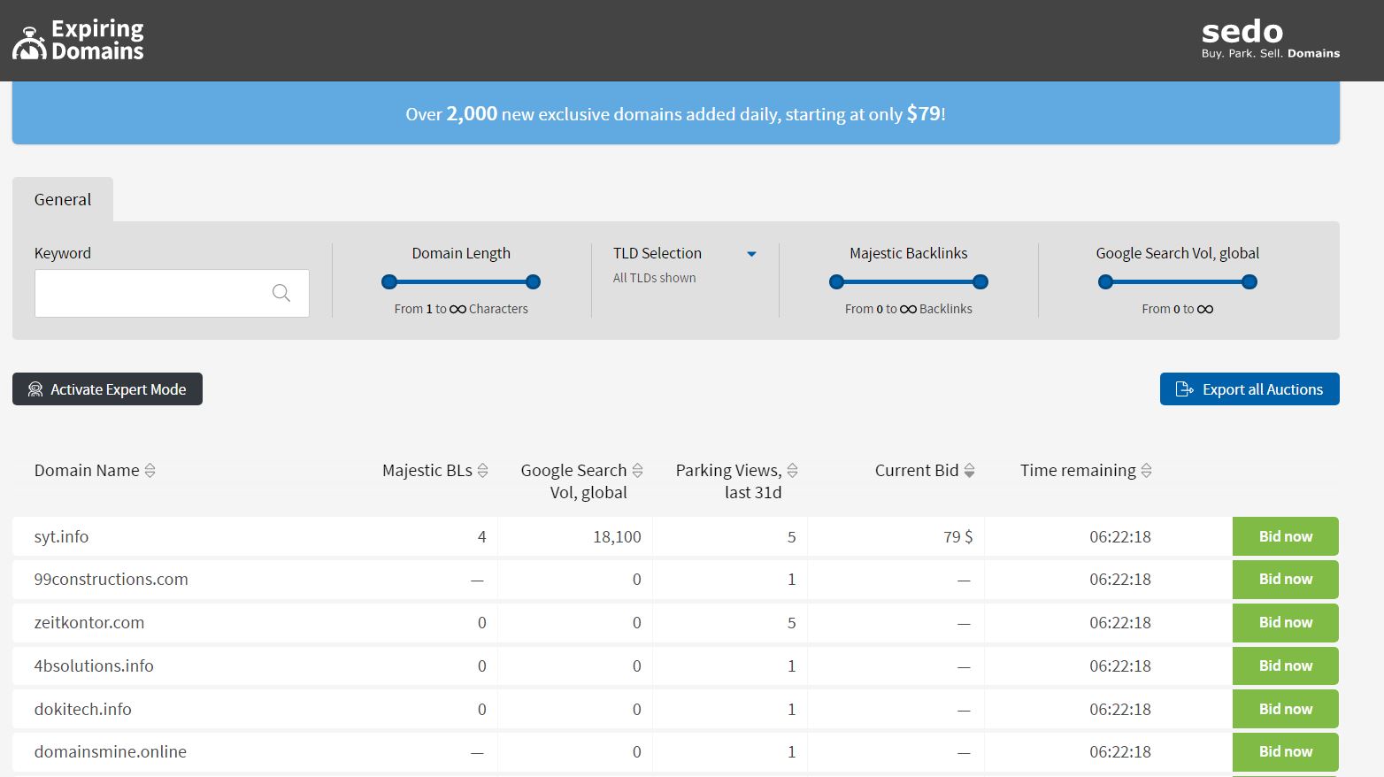 Sedo Expiring Domains platform