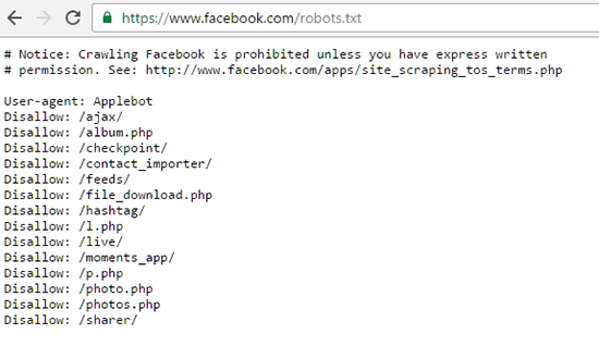 Robots.txt file of Facebook