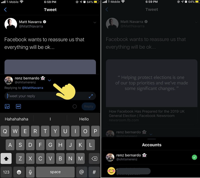 Twitter testing ability to switch accounts during a tweet reply - FlipWeb