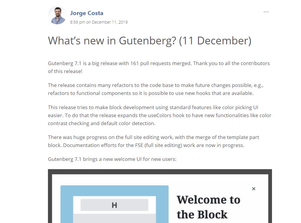 WordPress Gutenberg 7.1 update